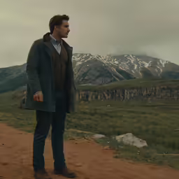 a young man stands alone in the mountains