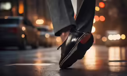 the foot of a man with black shoes and dark pants, standing in front of a bunch of cars