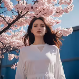 a beautiful young lady standing underneath cherry blossoms