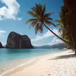 a beach with palm trees next to an ocean