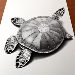 a turtle in black and white drawing on paper