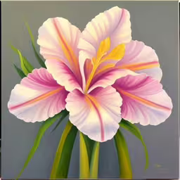 an oil painting of two flowers on a grey background,an artistic painting of a pink flower,a flower with long leaves, painted in pastel,,a large painting of a pink flower on a gray background,a painting of a large purple and white flower