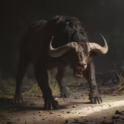 a hairy horned animal walking on a dirt road