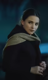 a woman is standing with a black sweater and scarf