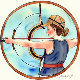 a painting of a woman with a hat and bow shooting an archery bow,a drawing of a woman aiming a bow at the target