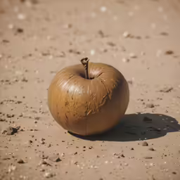 an apple sits in the middle of the sand