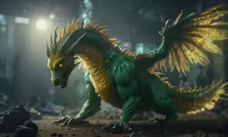 there is a green and yellow dragon statue in front of a dark room