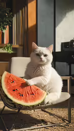 a cat sitting on a chair eating watermelon