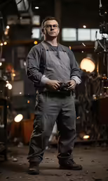 a man standing in an old factory with lots of work
