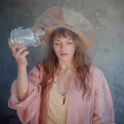 a woman wearing a hat, a pink coat and white shirt holding up a small water bottle