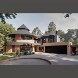 the view of an extravagant house surrounded by trees