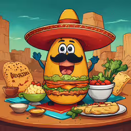 a cartoon character wearing an orange mexican hat holding his mouth open and some vegetables,a cartoon picture of a large yellow chicken wearing a mexican hat