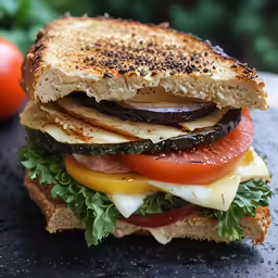 a sandwich has egg, tomatoes, lettuce, and cheese