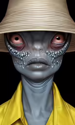 a gray alien wearing a hat with red eyes