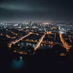 night aerial view of city lights over a large river