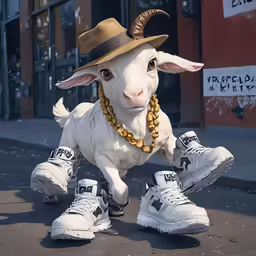 a statue of a goat wearing some sneakers