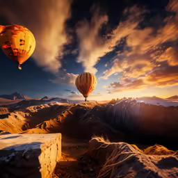 hot air balloons are flying over the mountains and valleys