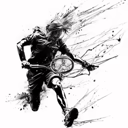 a drawing of a tennis player playing in black and white