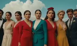 several women and men in dresses pose for the camera