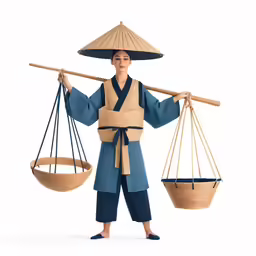 a statue holds two balance scales while wearing a hat