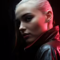 a young woman with blonde hair wearing a leather jacket