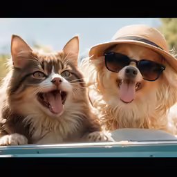 two dogs and a cat sitting on the backseat of a car