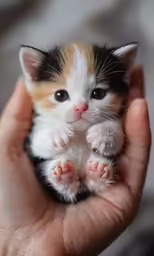the small kitten is sitting in a persons hand