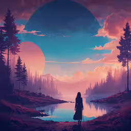 a person standing in front of a lake under an overlay,a girl standing in front of a lake in the middle of a forest