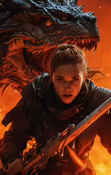 a girl with a sword and a dragon on fire