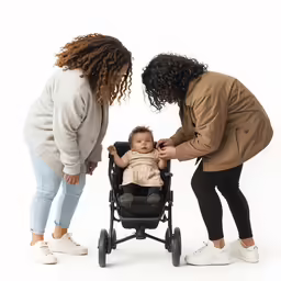 the women are standing next to a baby