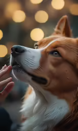 the dog is looking up at the person holding his hand out