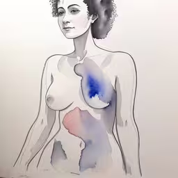 painting of a woman with the stomach exposed, in watercolor