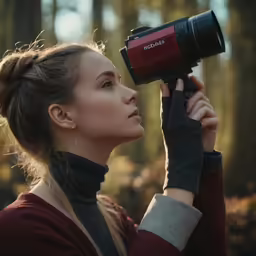 a woman in the forest looking up while holding a camera
