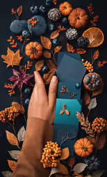 a hand reaching for a blue envelope surrounded by autumn foliage and berries