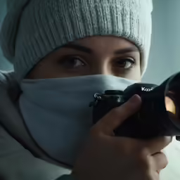 woman wearing white knit cap and scarf holding camera
