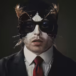 a man with a beard and suit and tie with a fake cat head and feathers on his mask