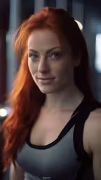 there is a woman that has red hair,a woman with red hair is smiling and looking forward