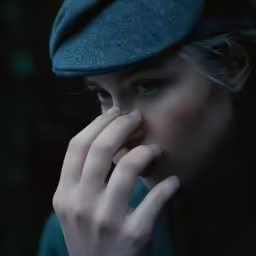 a woman in a blue beret holds her finger to her face