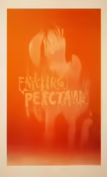 a person with a large orange picture on their side