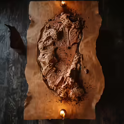a chocolate cake is on paper with candles around it