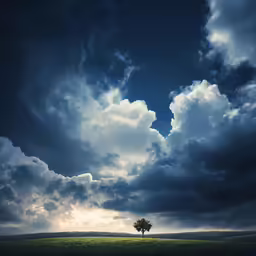 the sky is full of clouds and has a lone tree in it