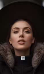 a woman wearing a black hat and coat with her eyes closed