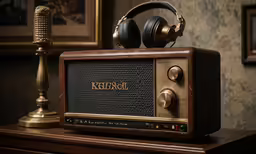 an old radio sits on top of a dresser next to a microphone