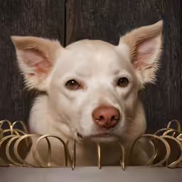a white dog is looking at something behind him