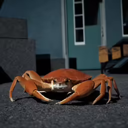 a close up of a crab on a floor next to a blue door