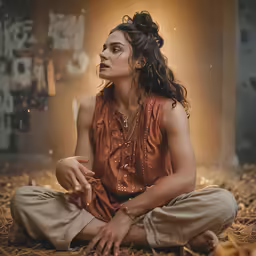 a woman sitting in a pile of wood wearing a brown top