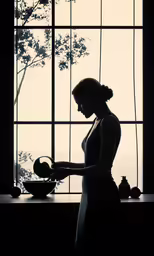 a woman standing in front of a window looking at her cooking dish