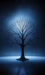 a lone tree in the dark with a light on it