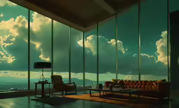 an expansive living room with an interesting view