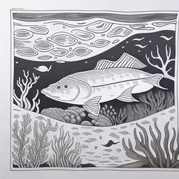 a fish on the seabed with underwater vegetation